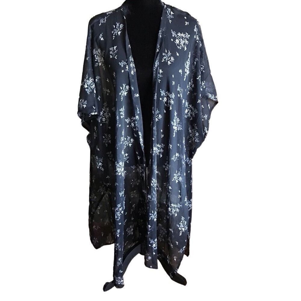 Lauren Conrad One Size semi sheer black floral duster jacket open front New